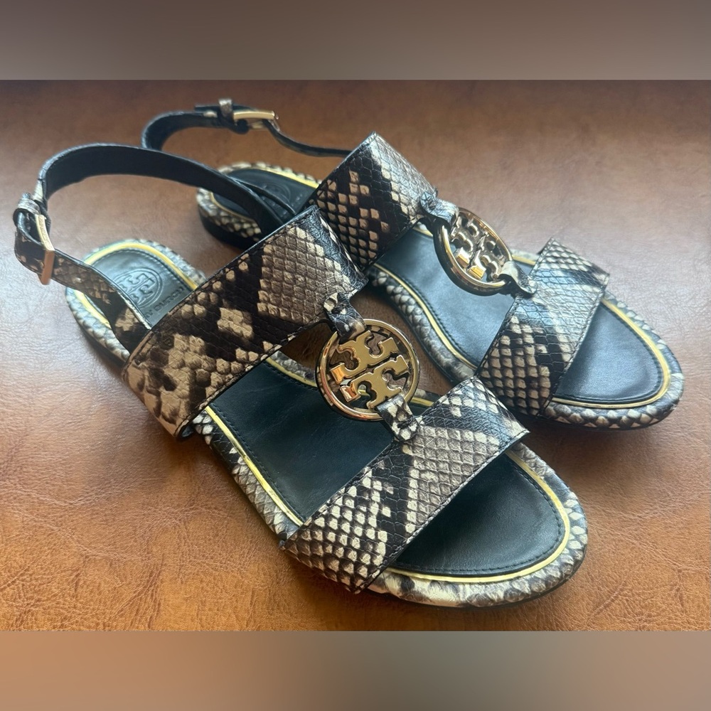 Tory Burch Metal Miller Snake Print Two Band Sandal 8M Gold Logo - Picture 3 of 13